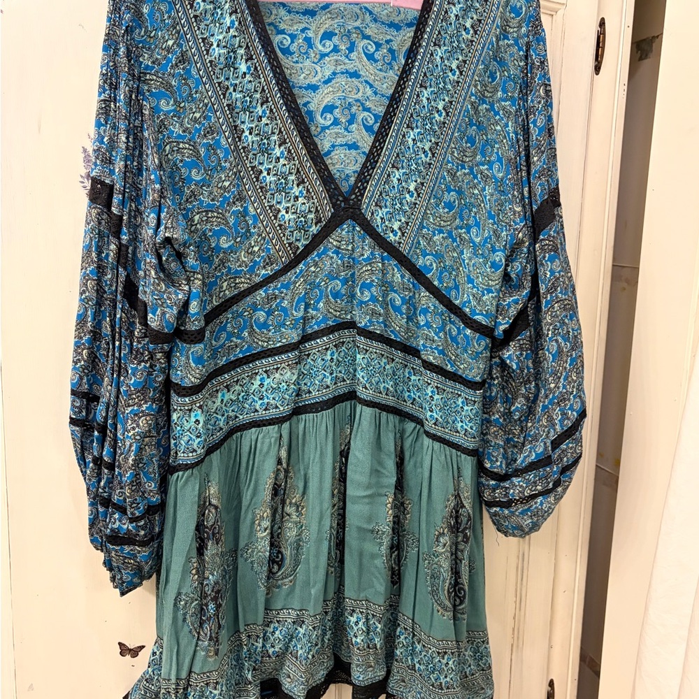 Free People Teal and Black Paisley Blouse